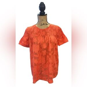 Rose & Olive Vivid Coral Flutter Sleeve Semi-Sheer Blouse